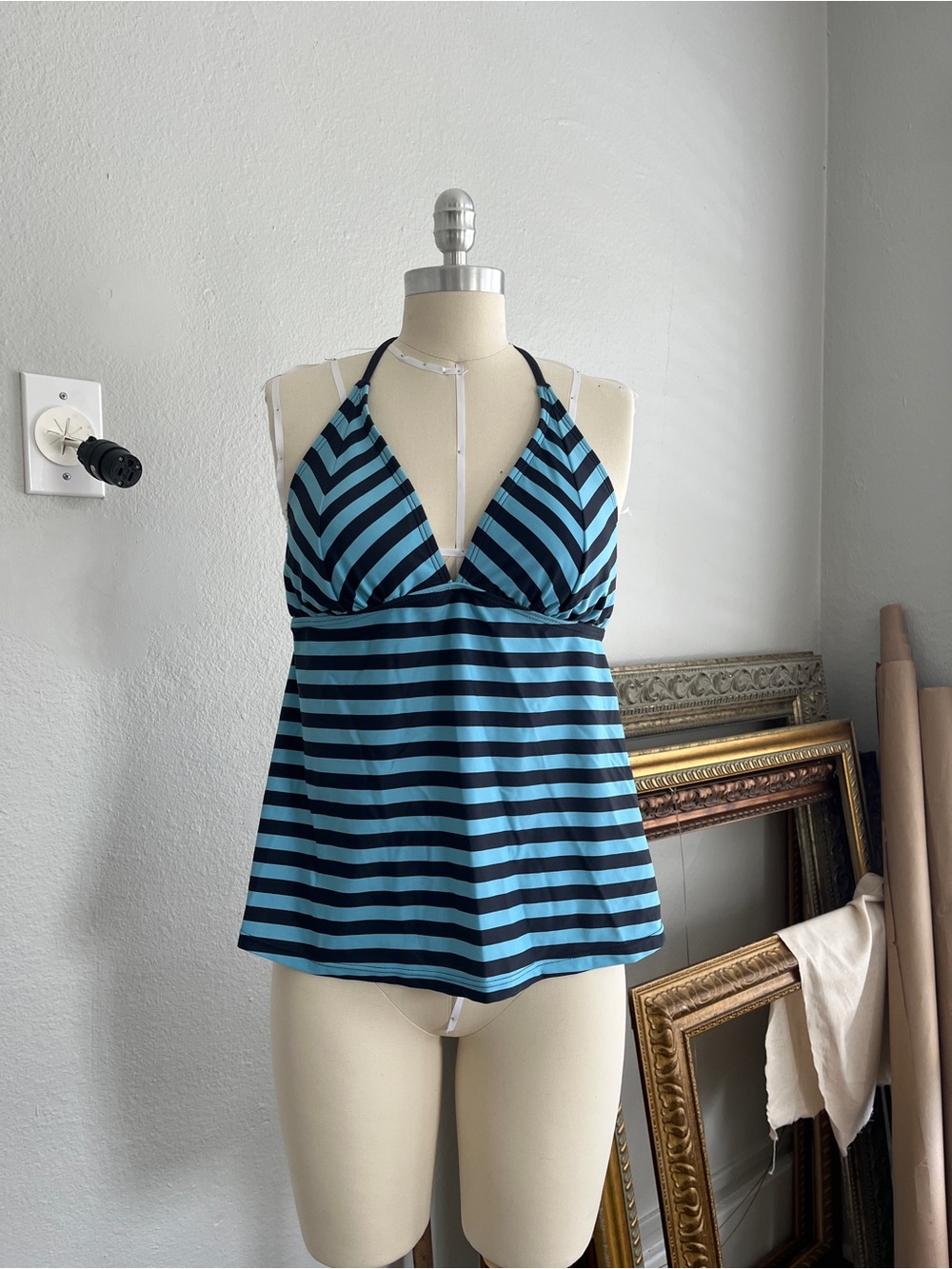 Mossimo Black and Aqua Striped Swim Top